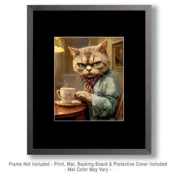 Grumpy Cat Having Tea - Anthropomorphic Animal Art Prints – 8″x10″ Artwork for 11″x14″ Frame