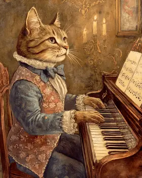 Kitty Piano Time - Anthropomorphic Animal Art Prints – 8″x10″ Artwork for 11″x14″ Frame