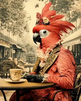Cockatoo Lunching - Anthropomorphic Animal Art Prints – 8″x10″ Artwork for 11″x14″ Frame