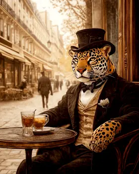 Leopard at Cafe - Anthropomorphic Animal Art Prints – 8″x10″ Artwork for 11″x14″ Frame