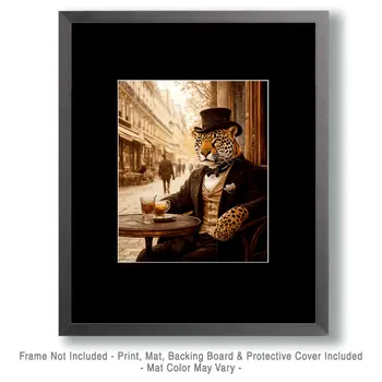 Leopard at Cafe - Anthropomorphic Animal Art Prints – 8″x10″ Artwork for 11″x14″ Frame