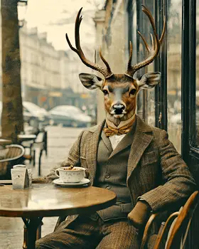 Buck Deer at Cafe - Anthropomorphic Animal Art Prints – 8″x10″ Artwork for 11″x14″ Frame