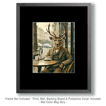 Buck Deer at Cafe - Anthropomorphic Animal Art Prints – 8″x10″ Artwork for 11″x14″ Frame