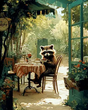 Raccoon at Cafe - Anthropomorphic Animal Art Prints – 8″x10″ Artwork for 11″x14″ Frame