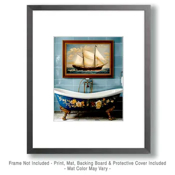 Bathtub and Ship Artwork - Bathroom Wall Art Prints – 8″x10″ Artwork for 11″x14″ Frame
