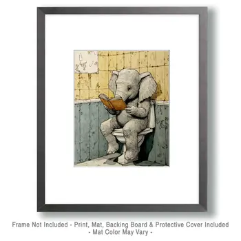 Elephant Readin on the John - Bathroom Wall Art Prints – 8″x10″ Artwork for 11″x14″ Frame