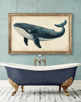 Bathtub and Whale Artwork - Bathroom Wall Art Prints – 8″x10″ Artwork for 11″x14″ Frame