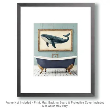 Bathtub and Whale Artwork - Bathroom Wall Art Prints – 8″x10″ Artwork for 11″x14″ Frame