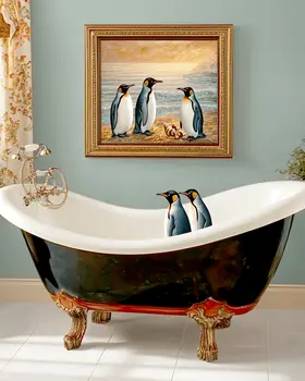 Penguin Artwork Above Penguins in Bathtub - Bathroom Wall Art Prints – 8″x10″ Artwork for 11″x14″ Frame