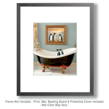 Penguin Artwork Above Penguins in Bathtub - Bathroom Wall Art Prints – 8″x10″ Artwork for 11″x14″ Frame