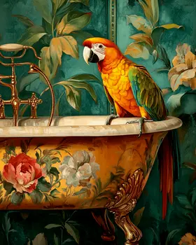 Parrot on Bathtub - Bathroom Wall Art Prints – 8″x10″ Artwork for 11″x14″ Frame