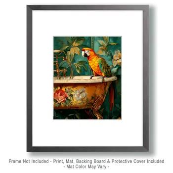Parrot on Bathtub - Bathroom Wall Art Prints – 8″x10″ Artwork for 11″x14″ Frame