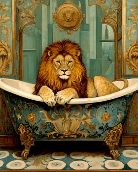 Lion in Bathtub - Bathroom Wall Art Prints – 8″x10″ Artwork for 11″x14″ Frame