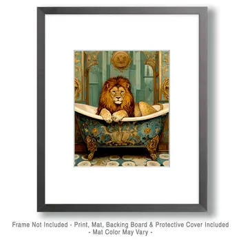 Lion in Bathtub - Bathroom Wall Art Prints – 8″x10″ Artwork for 11″x14″ Frame