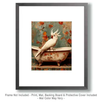 Cockatoo on Bathtub - Bathroom Wall Art Prints – 8″x10″ Artwork for 11″x14″ Frame