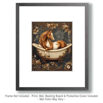 Horse in Bathtub - Bathroom Wall Art Prints – 8″x10″ Artwork for 11″x14″ Frame
