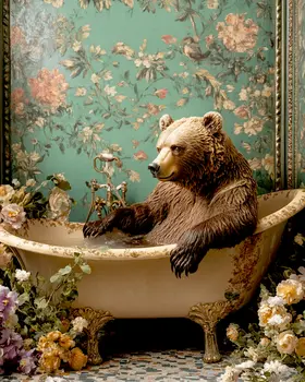 Grizzly Bear in Bathtub - Bathroom Wall Art Prints – 8″x10″ Artwork for 11″x14″ Frame