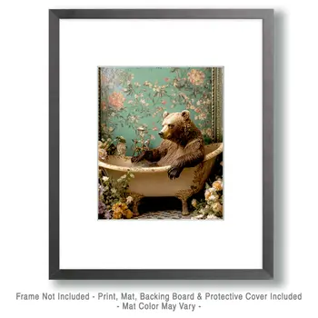Grizzly Bear in Bathtub - Bathroom Wall Art Prints – 8″x10″ Artwork for 11″x14″ Frame