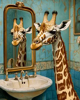 Giraffe in Mirror - Bathroom Wall Art Prints – 8″x10″ Artwork for 11″x14″ Frame