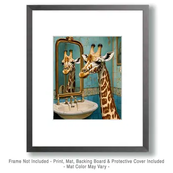 Giraffe in Mirror - Bathroom Wall Art Prints – 8″x10″ Artwork for 11″x14″ Frame