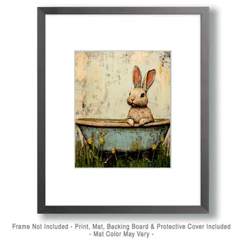 Bunny Rabbit in Bathtub - Bathroom Wall Art Prints – 8″x10″ Artwork for 11″x14″ Frame