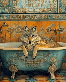 Wolf in Bathtub - Bathroom Wall Art Prints – 8″x10″ Artwork for 11″x14″ Frame