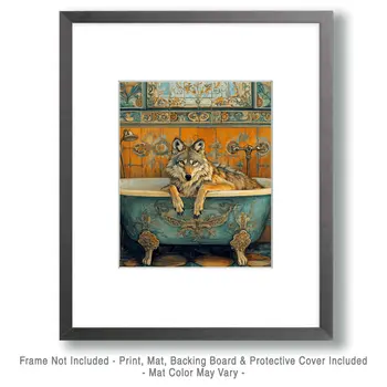 Wolf in Bathtub - Bathroom Wall Art Prints – 8″x10″ Artwork for 11″x14″ Frame