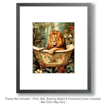 Lion in Victorian Bathtub - Bathroom Wall Art Prints – 8″x10″ Artwork for 11″x14″ Frame