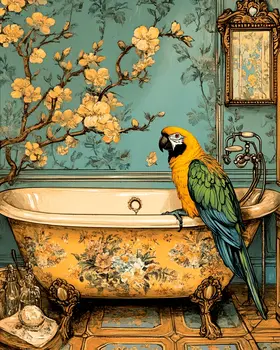 Japandi Parrot in Bathtub - Bathroom Wall Art Prints – 8″x10″ Artwork for 11″x14″ Frame
