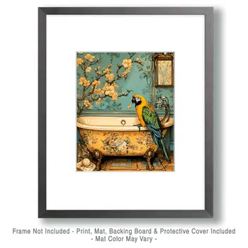 Japandi Parrot in Bathtub - Bathroom Wall Art Prints – 8″x10″ Artwork for 11″x14″ Frame