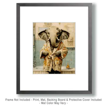 Elephant Ready for Bath - Bathroom Wall Art Prints – 8″x10″ Artwork for 11″x14″ Frame