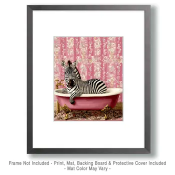 Zebra in Pink Bathtub - Bathroom Wall Art Prints – 8″x10″ Artwork for 11″x14″ Frame