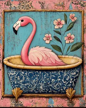 Folk Art Pink Flamingo in a Bathtub- Bathroom Wall Art Prints – 8″x10″ Artwork for 11″x14″ Frame