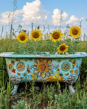 Sunflowers in Bathtub - Bathroom Wall Art Prints – 8″x10″ Artwork for 11″x14″ Frame