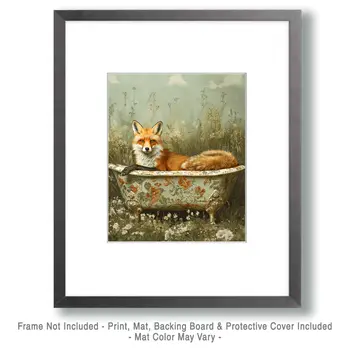 Fox in Bathtub - Bathroom Wall Art Prints – 8″x10″ Artwork for 11″x14″ Frame