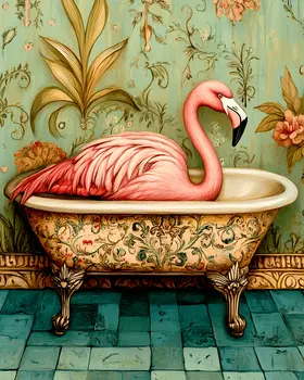 Pink Flamingo in Victorian Bathtub - Bathroom Wall Art Prints – 8″x10″ Artwork for 11″x14″ Frame