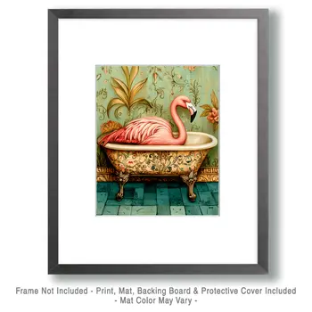 Pink Flamingo in Victorian Bathtub - Bathroom Wall Art Prints – 8″x10″ Artwork for 11″x14″ Frame