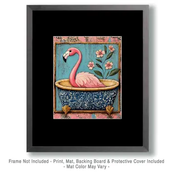 Folk Art Pink Flamingo in a Bathtub- Bathroom Wall Art Prints – 8″x10″ Artwork for 11″x14″ Frame
