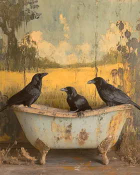 Folk Art Ravens in Bathtub - Bathroom Wall Art Prints – 8″x10″ Artwork for 11″x14″ Frame