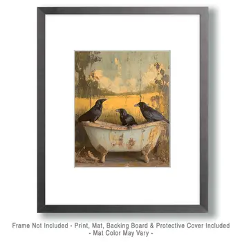 Folk Art Ravens in Bathtub - Bathroom Wall Art Prints – 8″x10″ Artwork for 11″x14″ Frame