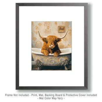 Highland Cow in Bathtub - Bathroom Wall Art Prints – 8″x10″ Artwork for 11″x14″ Frame
