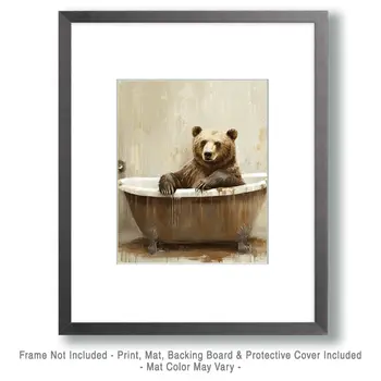 Big Bear in Bathtub - Bathroom Wall Art Prints – 8″x10″ Artwork for 11″x14″ Frame