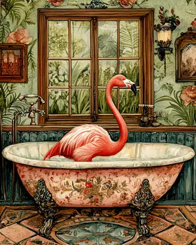 Pink Flamingo Standing in Bathtub - Bathroom Wall Art Prints – 8″x10″ Artwork for 11″x14″ Frame