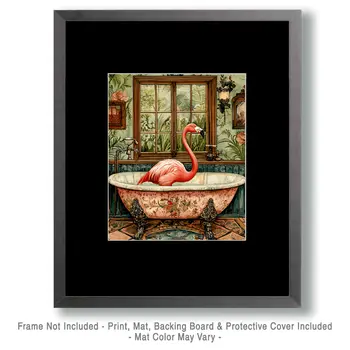 Pink Flamingo Standing in Bathtub - Bathroom Wall Art Prints – 8″x10″ Artwork for 11″x14″ Frame