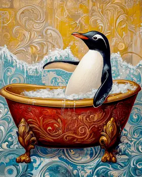 Penguin in Bathtub - Bathroom Wall Art Prints – 8″x10″ Artwork for 11″x14″ Frame