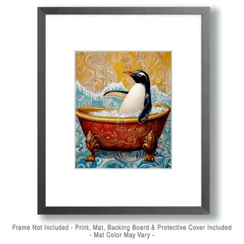 Penguin in Bathtub - Bathroom Wall Art Prints – 8″x10″ Artwork for 11″x14″ Frame
