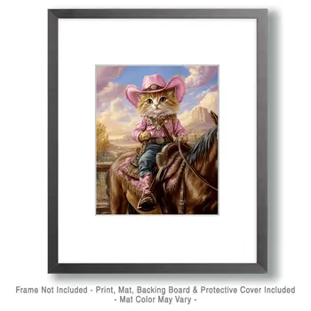 Cowgirl Cat "Saddle Sally" Wall Art Prints – 8″x10″ Artwork for 11″x14″ Frame