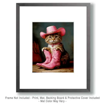 Cowgirl Cat "Puss in Boots" Wall Art Prints – 8″x10″ Artwork for 11″x14″ Frame