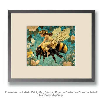Bumble Bee Fairy Ride - Fairies Wall Art Prints – 8″x10″ Artwork for 11″x14″ Frame