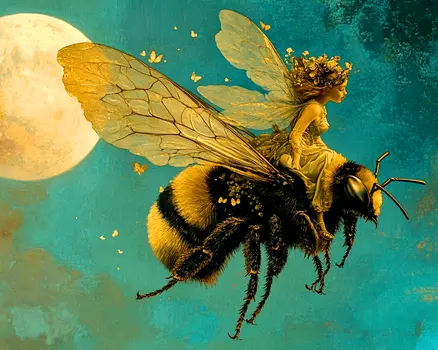 Fairy Riding Bumble Bee - Fairies Wall Art Prints – 8″x10″ Artwork for 11″x14″ Frame